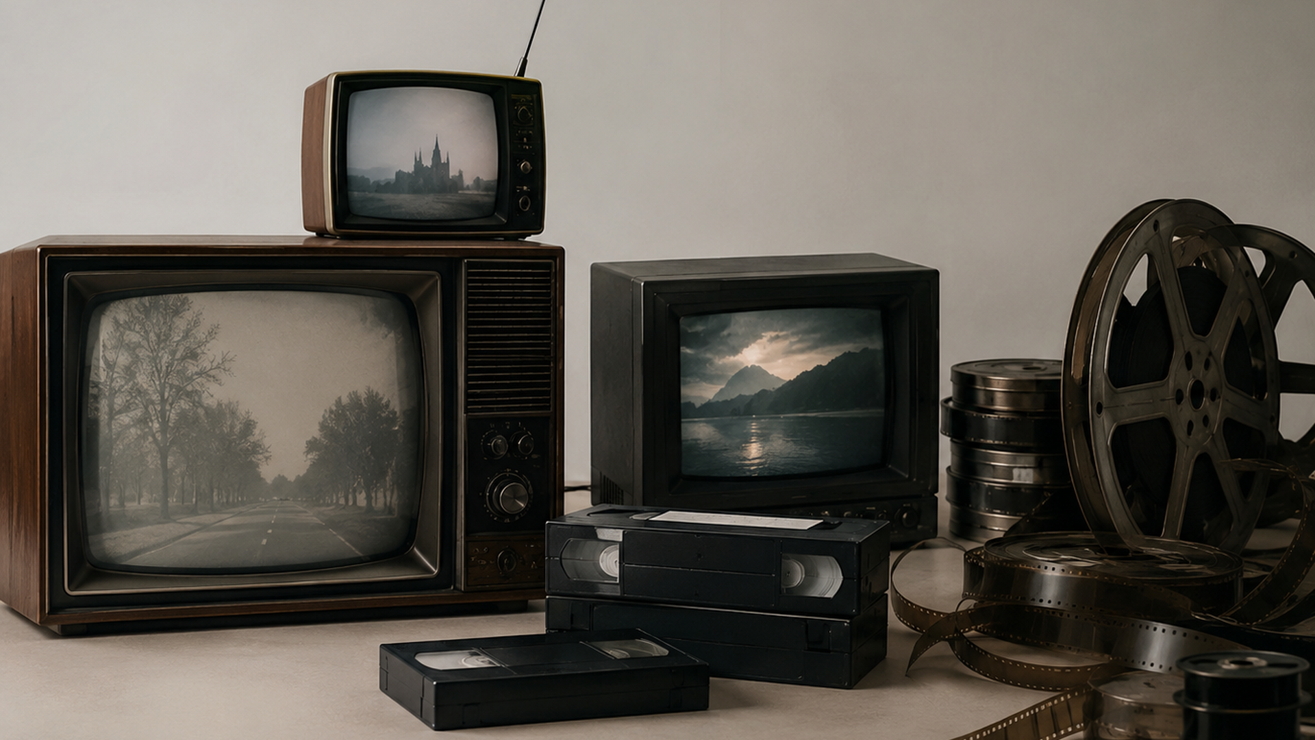 年代の異なるブラウン管テレビとVHSテープと映画フィルムが並ぶ記録媒体