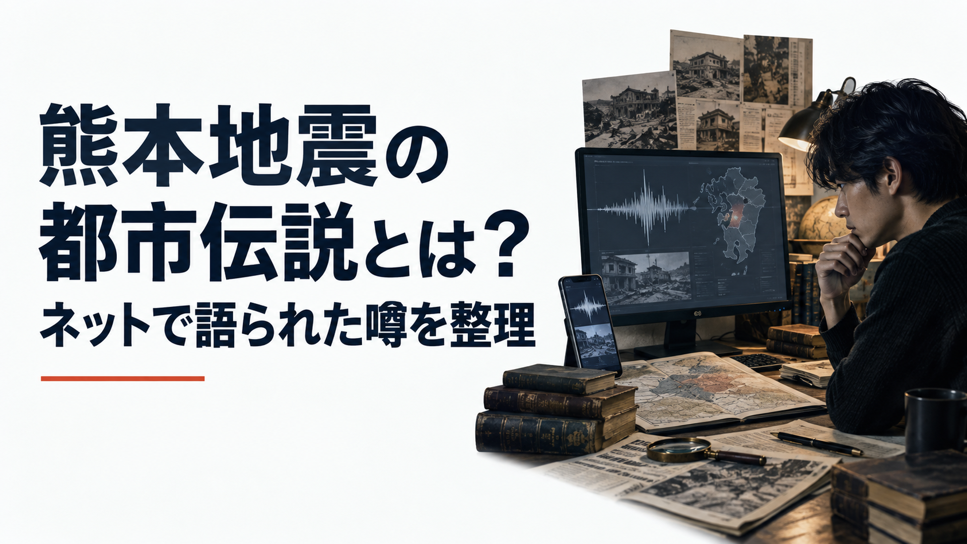 暗い部屋の机上に地震波形を映すモニターとスマートフォン、地図や古い新聞資料が並び、熊本地震をめぐるネット上の噂を検証する静かな調査風景