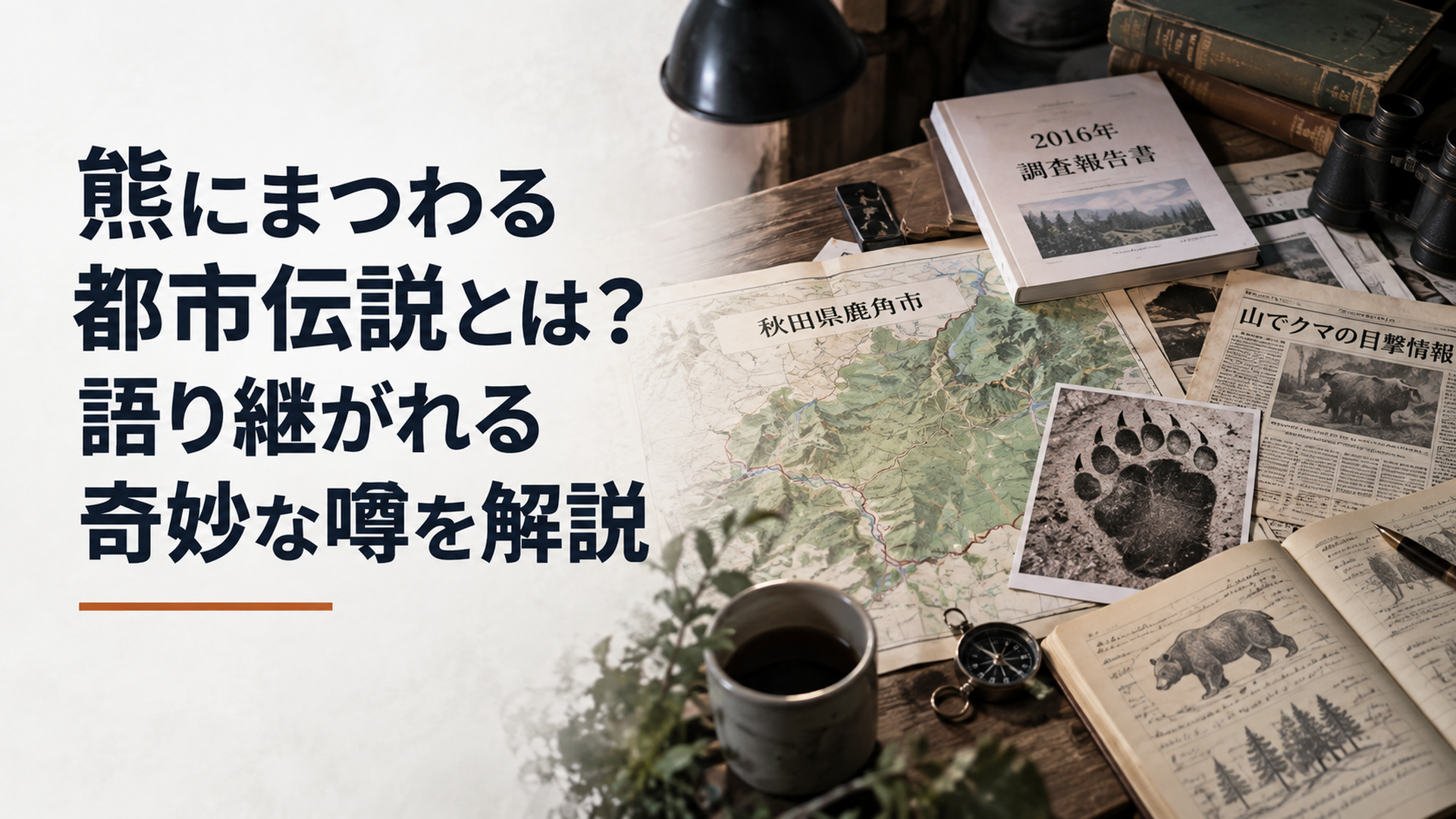 秋田県鹿角市の山林地図と熊の足跡、2016年の調査報告書や古い新聞資料を並べて熊の都市伝説を検証する静かな調査机