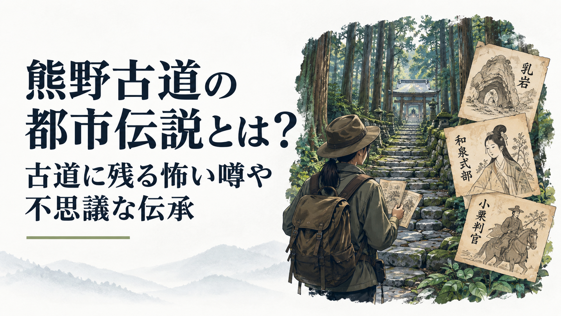 深い杉林と石畳が続く熊野古道の先に王子社が見え、乳岩・和泉式部・小栗判官の古い伝承資料を手に歩く調査者