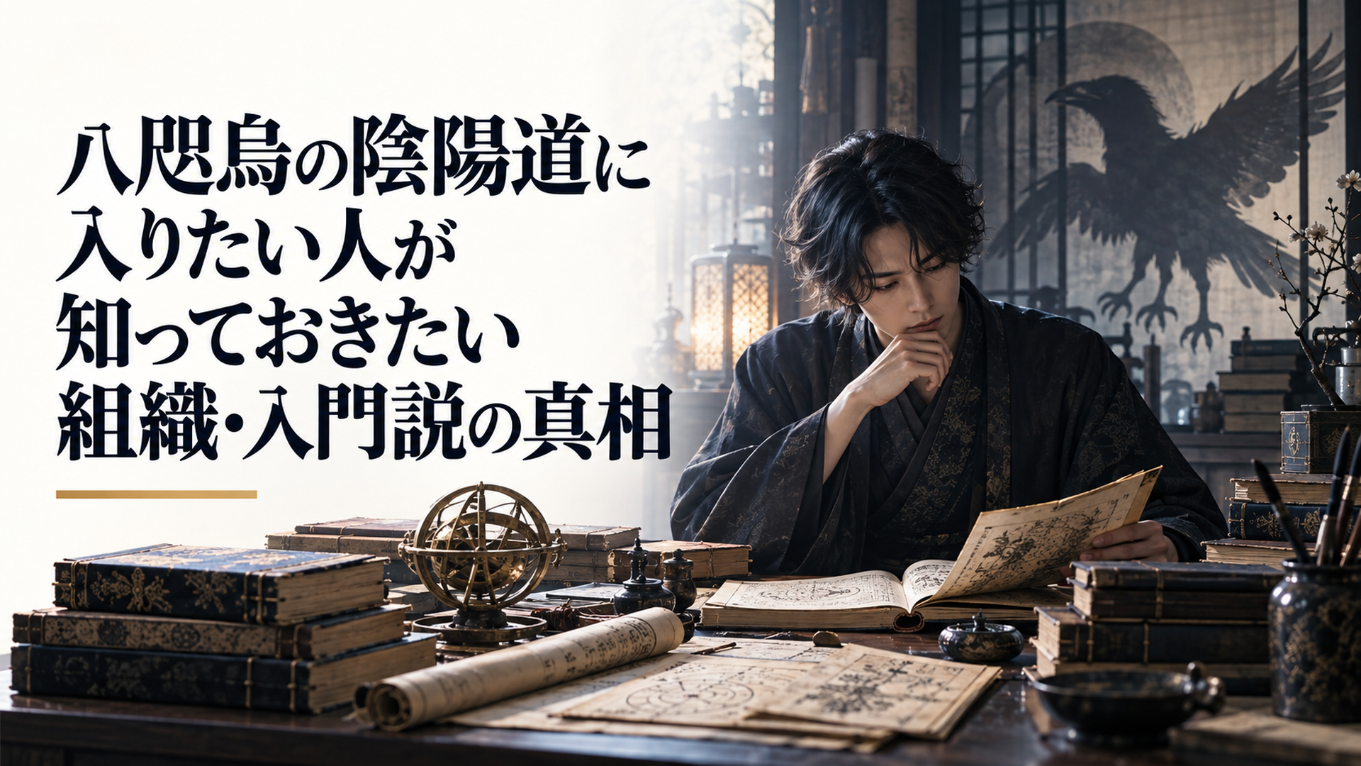 古事記と日本書紀、賀茂氏の系譜、陰陽道の資料を調べる人物の背後に三本足の烏の影が差す静かな資料室