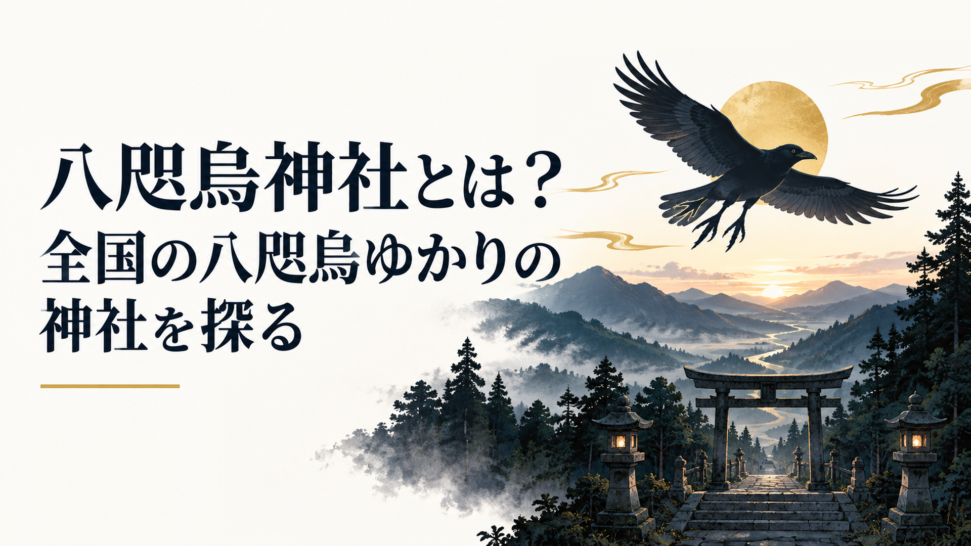 夜明け前の古い神社の参道と熊野から大和へ続く山並み、その上空を導くように飛ぶ三本足の烏の影