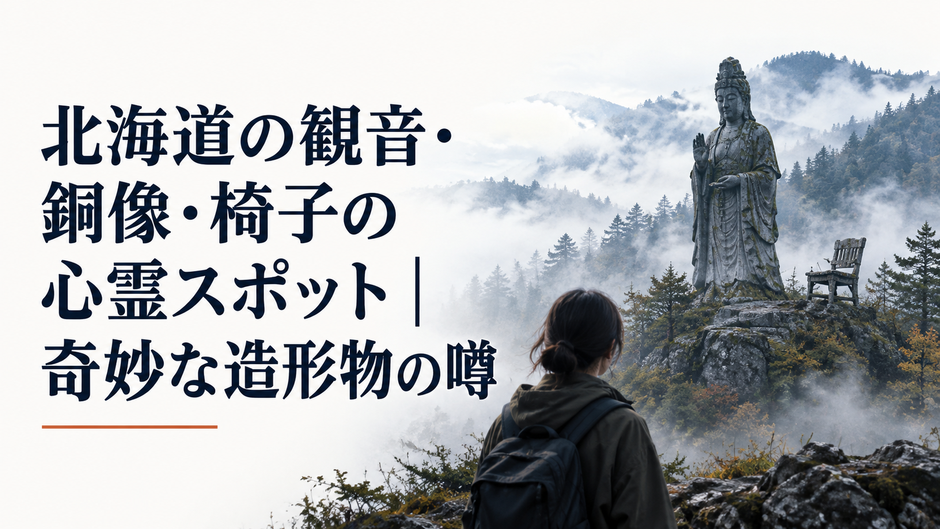 北海道の霧深い山林に残る古びた観音像と空席の椅子を安全な遠方から眺める静かな風景