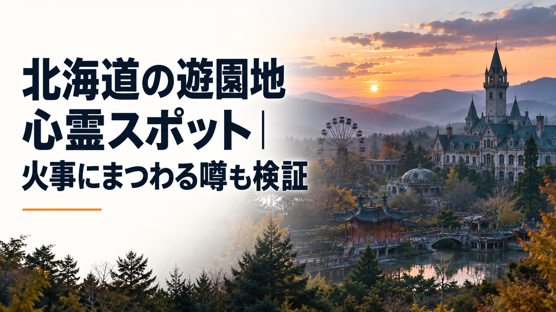北海道の森に残る廃テーマパークを思わせる洋風建築と中国風庭園を安全な遠方から眺める夕景