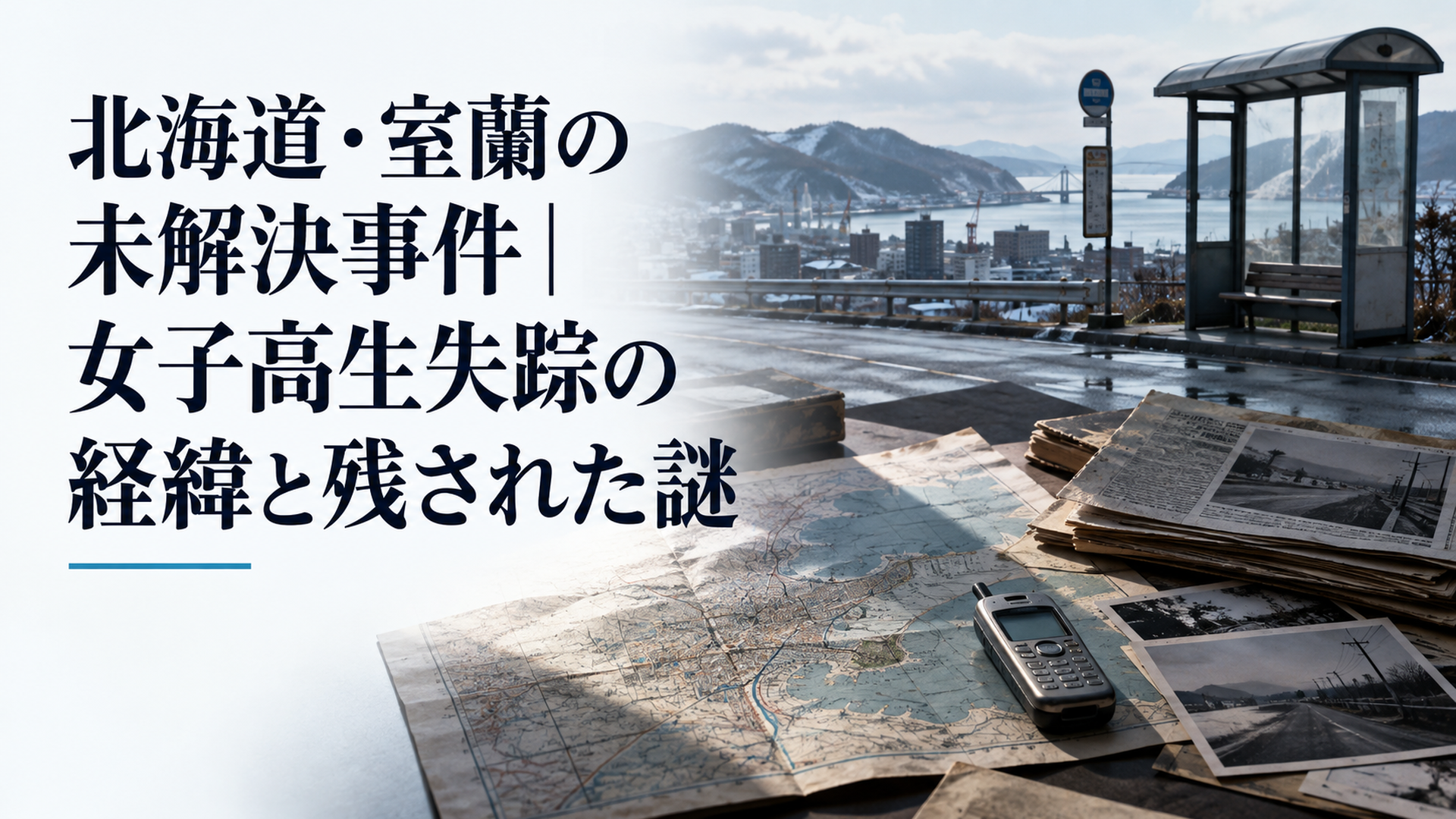北海道室蘭市の静かな市街地と路線バス停を背景に、2001年の女子高生失踪事件を調査する古い地図、PHS端末、新聞資料を並べた机上の風景。人物や文字を描かず、冷たい自然光と深い影で未解決事件の謎を表現した写実的な写真