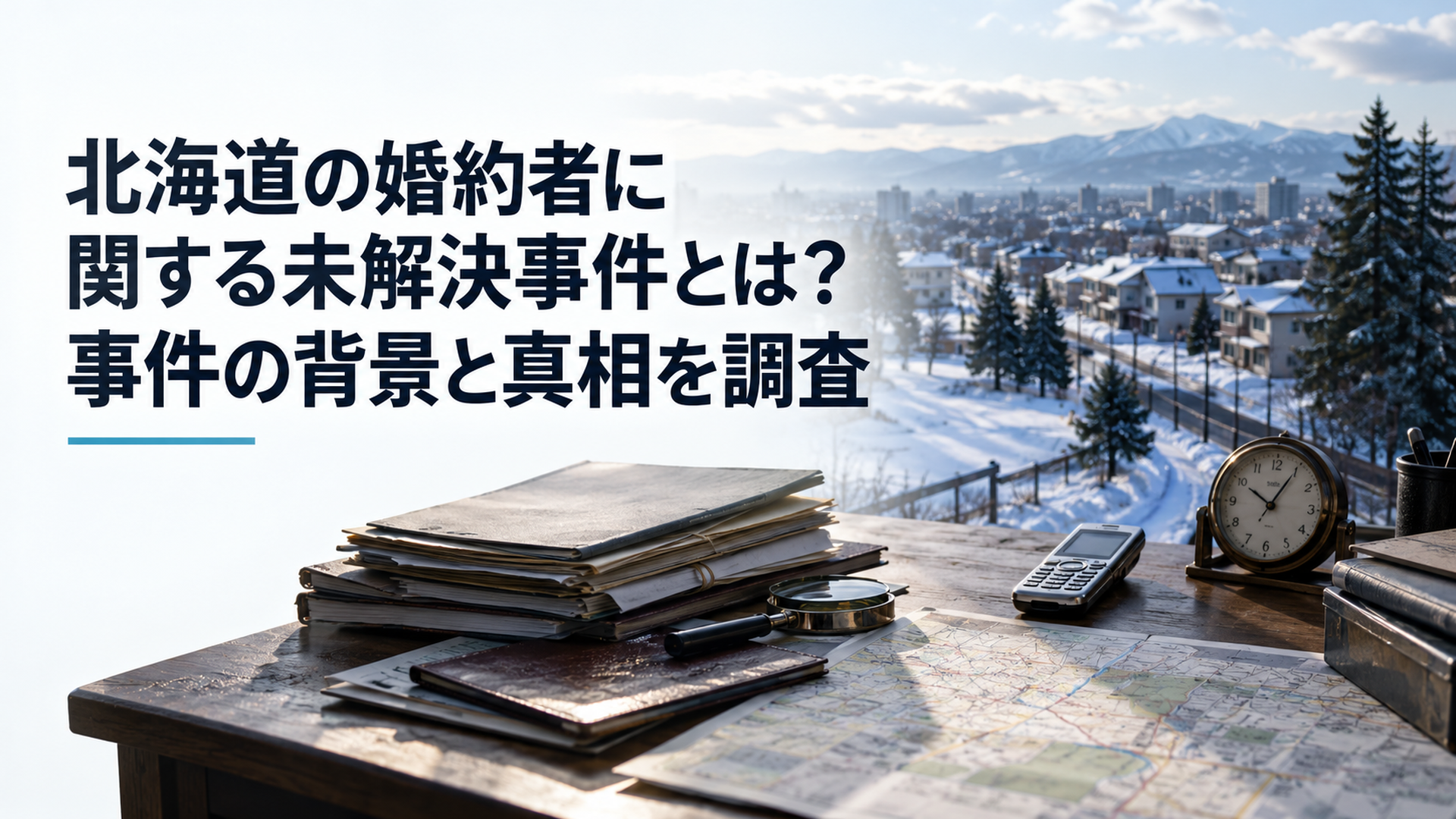 2014年の札幌市厚別区をイメージした静かな住宅街と緑地。手前の調査机には古い携帯電話、アナログ時計、道路地図、無地の事件資料を整然と配置。寒色系の自然光と落ち着いた陰影、人物や判読可能な文字のない写実的な横長写真